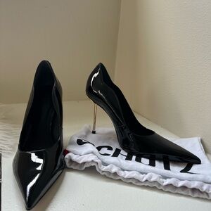SCHUTZ Glossy Black Heels with Silver Stiletto